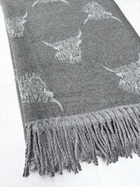 CASHMERE HIGHLAND COW PRINT REVERSIBLE WINTER SHAWL BLANKET SCARF - GREY