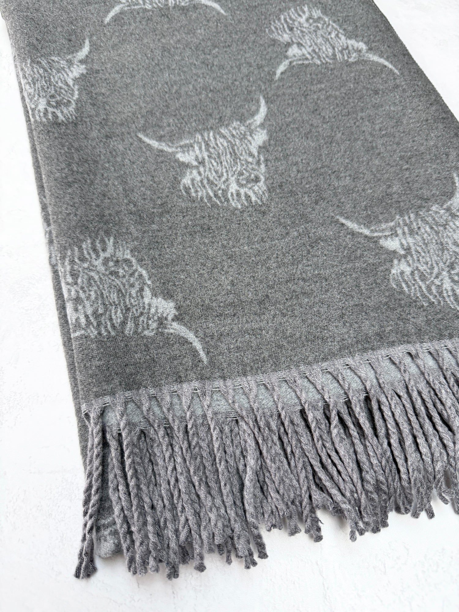 CASHMERE HIGHLAND COW PRINT REVERSIBLE WINTER SHAWL BLANKET SCARF - GREY