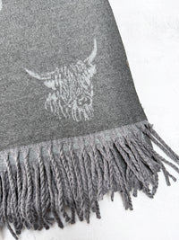 CASHMERE HIGHLAND COW PRINT REVERSIBLE WINTER SHAWL BLANKET SCARF - GREY