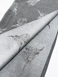 CASHMERE HIGHLAND COW PRINT REVERSIBLE WINTER SHAWL BLANKET SCARF - GREY