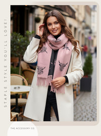 CASHMERE HIGHLAND COW PRINT REVERSIBLE WINTER SHAWL BLANKET SCARF - PINK