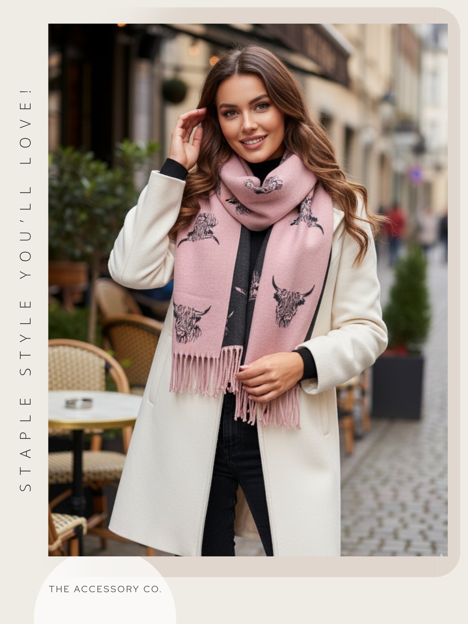 CASHMERE HIGHLAND COW PRINT REVERSIBLE WINTER SHAWL BLANKET SCARF - PINK