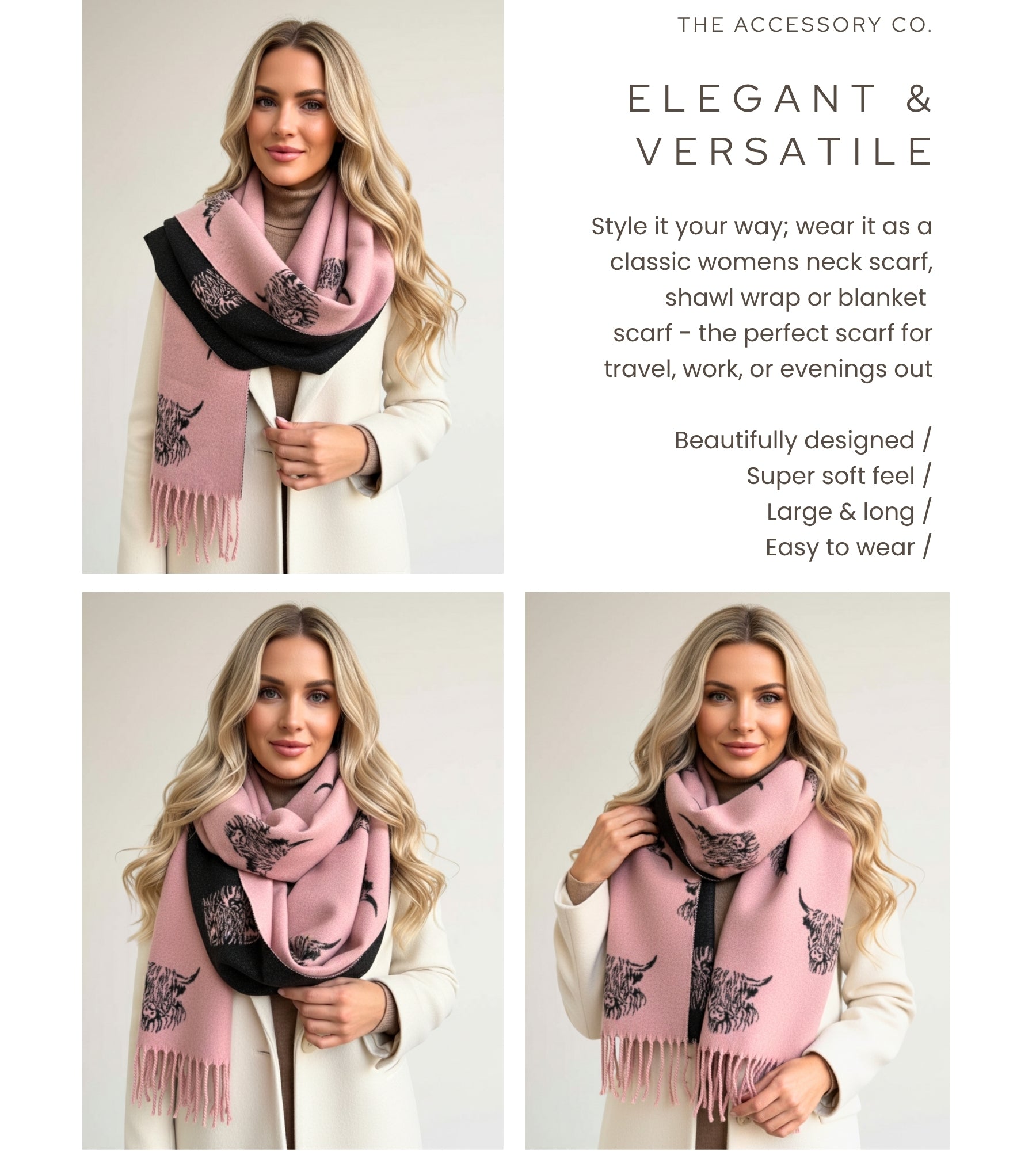 CASHMERE HIGHLAND COW PRINT REVERSIBLE WINTER SHAWL BLANKET SCARF - PINK