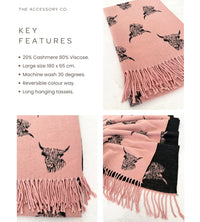 CASHMERE HIGHLAND COW PRINT REVERSIBLE WINTER SHAWL BLANKET SCARF - PINK