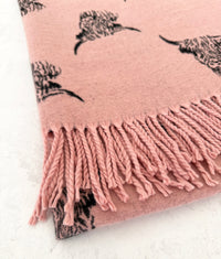 CASHMERE HIGHLAND COW PRINT REVERSIBLE WINTER SHAWL BLANKET SCARF - PINK