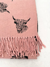 CASHMERE HIGHLAND COW PRINT REVERSIBLE WINTER SHAWL BLANKET SCARF - PINK