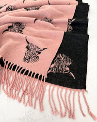CASHMERE HIGHLAND COW PRINT REVERSIBLE WINTER SHAWL BLANKET SCARF - PINK