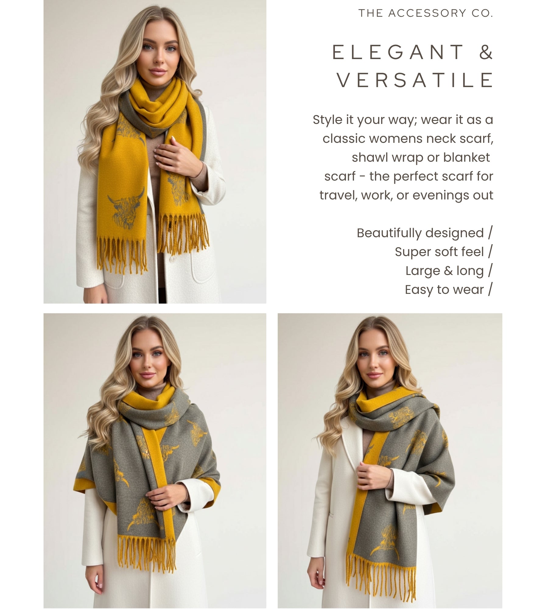 CASHMERE HIGHLAND COW PRINT REVERSIBLE WINTER SHAWL BLANKET SCARF - YELLOW