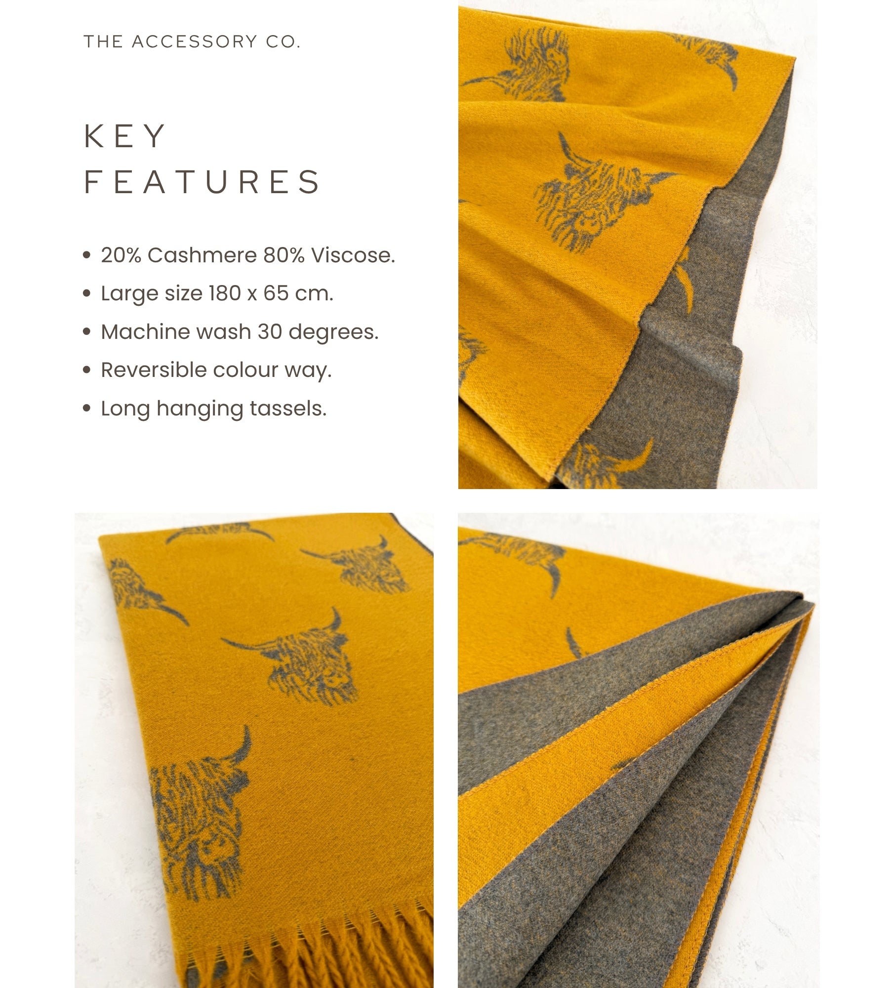 CASHMERE HIGHLAND COW PRINT REVERSIBLE WINTER SHAWL BLANKET SCARF - YELLOW