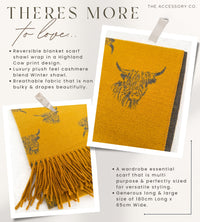 CASHMERE HIGHLAND COW PRINT REVERSIBLE WINTER SHAWL BLANKET SCARF - YELLOW
