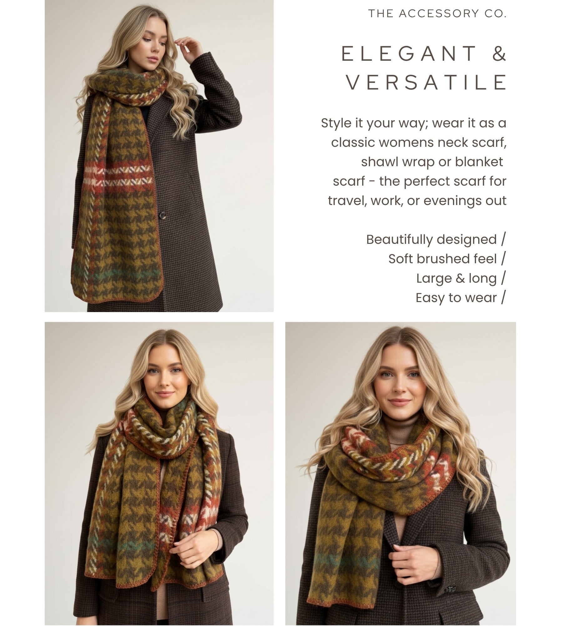 CHUNKY GREEN TARTAN HERRINGBONE STITCHED EDGE SCARF