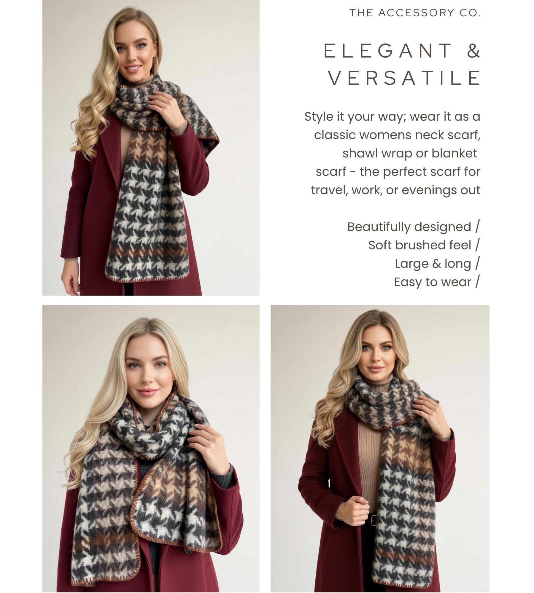 CHUNKY BLACK TARTAN HERRINGBONE STITCHED EDGE SCARF