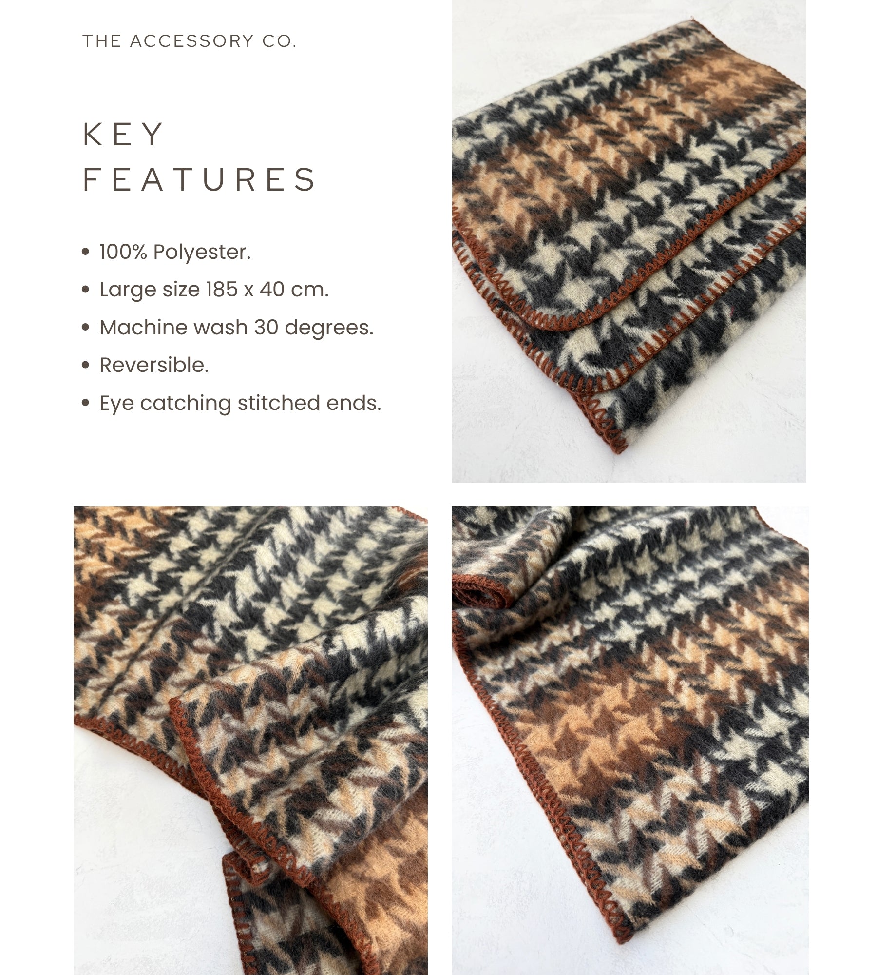 CHUNKY BLACK TARTAN HERRINGBONE STITCHED EDGE SCARF