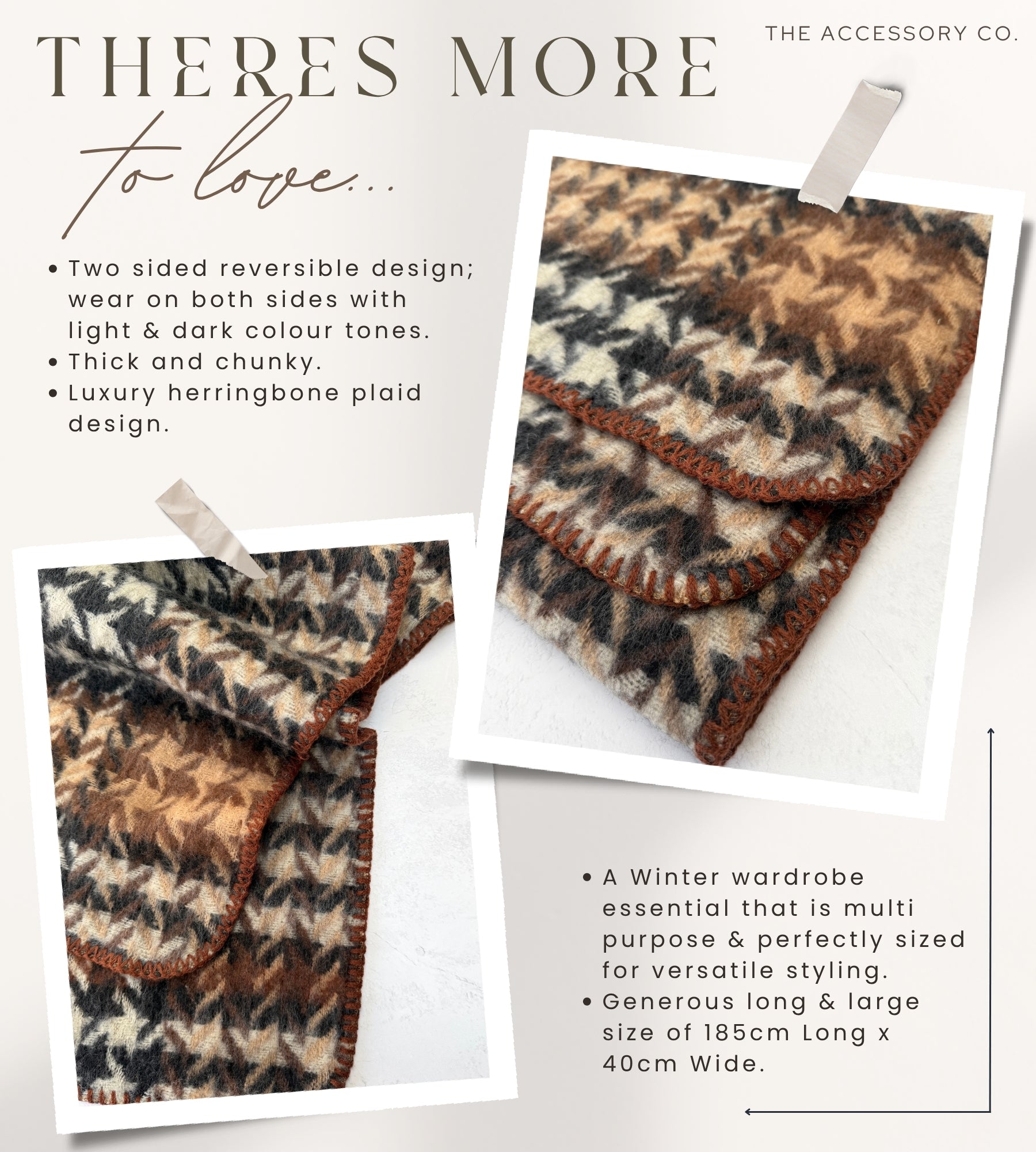 CHUNKY BLACK TARTAN HERRINGBONE STITCHED EDGE SCARF