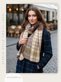 CHUNKY CREAM TARTAN HERRINGBONE STITCHED EDGE SCARF