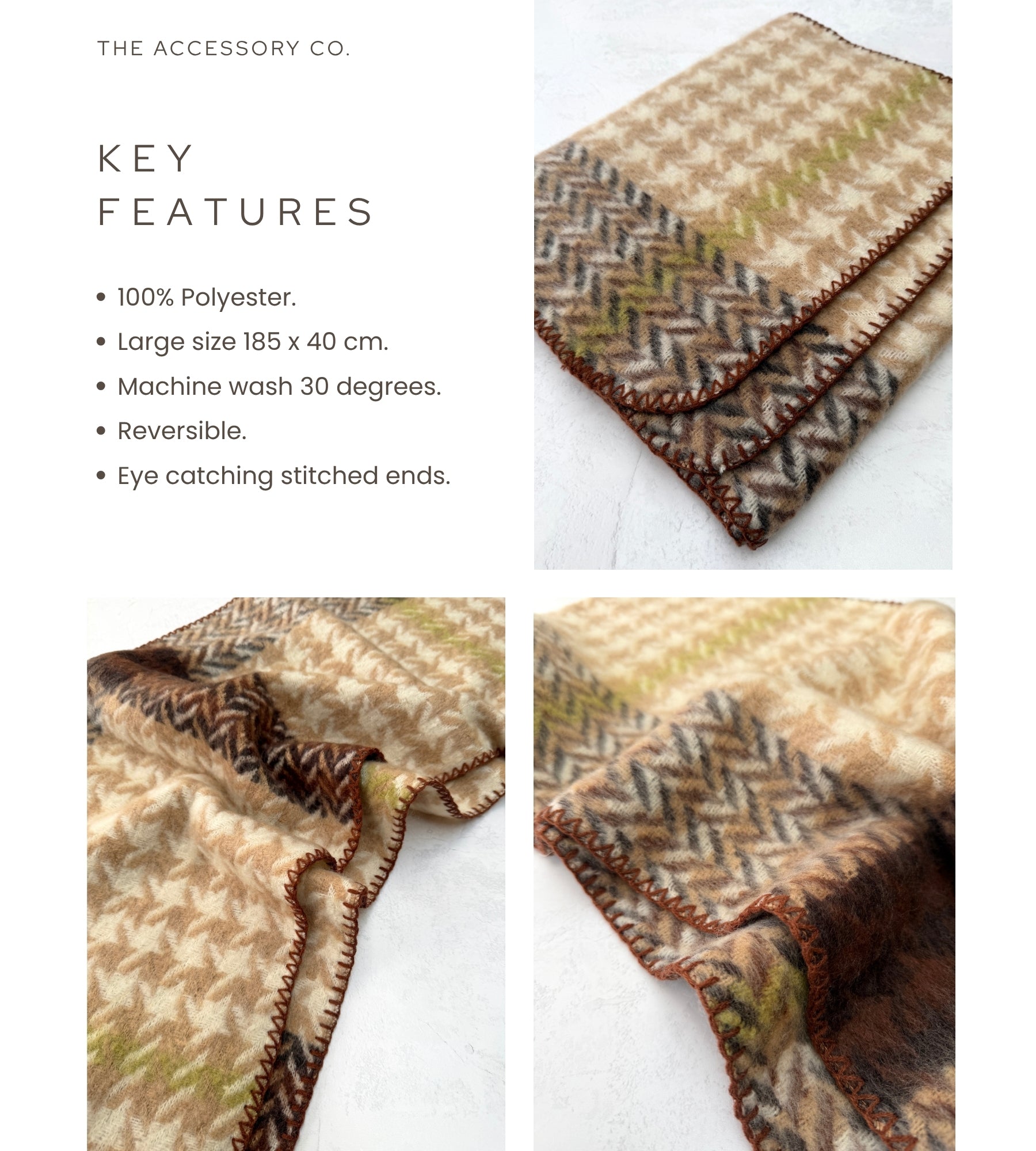 CHUNKY CREAM TARTAN HERRINGBONE STITCHED EDGE SCARF