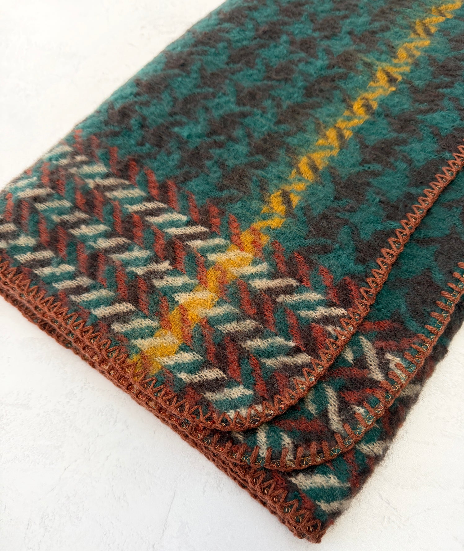 CHUNKY TEAL TARTAN HERRINGBONE STITCHED EDGE SCARF