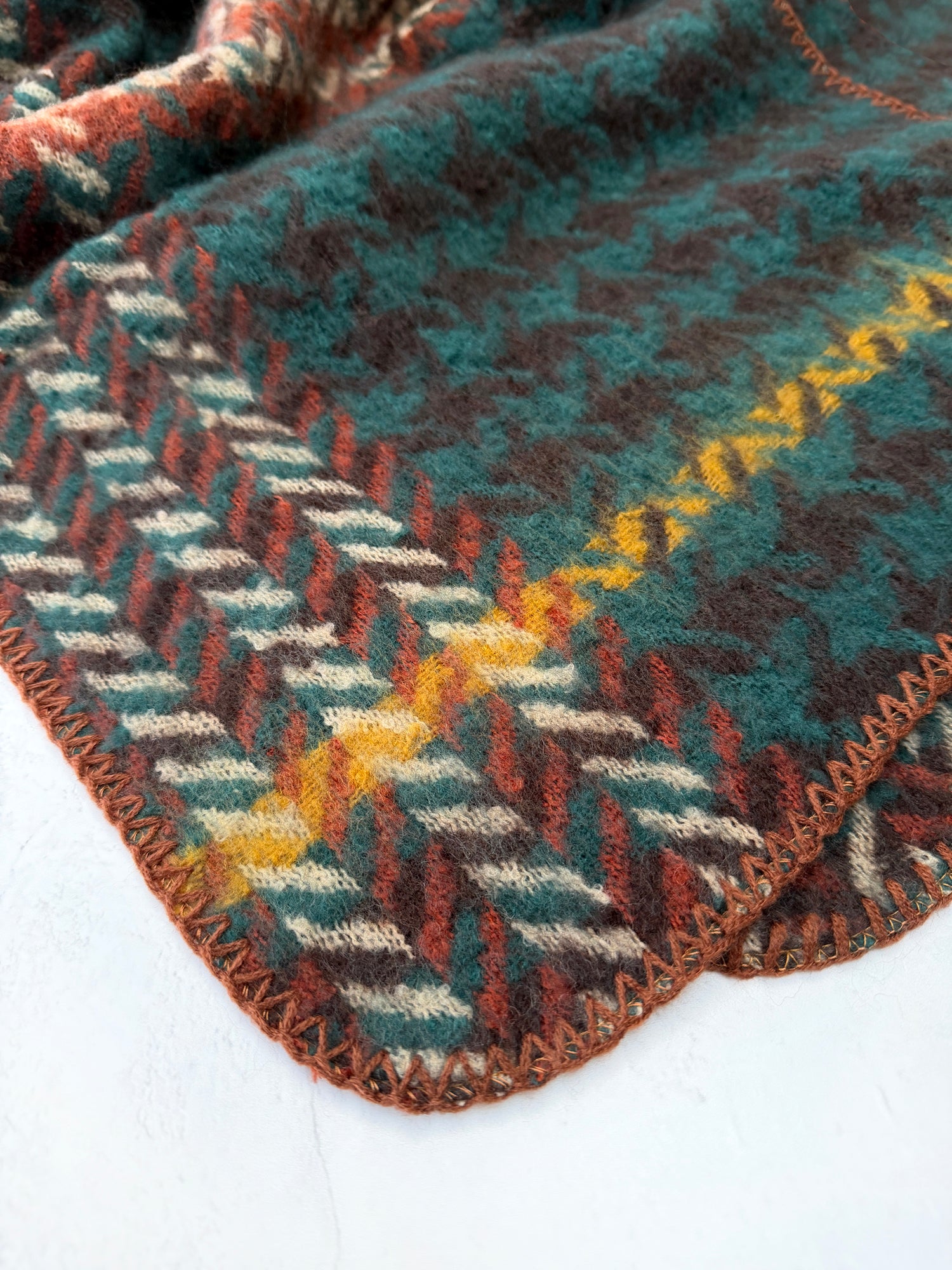 CHUNKY TEAL TARTAN HERRINGBONE STITCHED EDGE SCARF