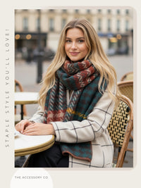 CHUNKY TEAL TARTAN HERRINGBONE STITCHED EDGE SCARF