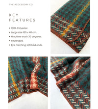 CHUNKY TEAL TARTAN HERRINGBONE STITCHED EDGE SCARF