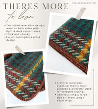 CHUNKY TEAL TARTAN HERRINGBONE STITCHED EDGE SCARF