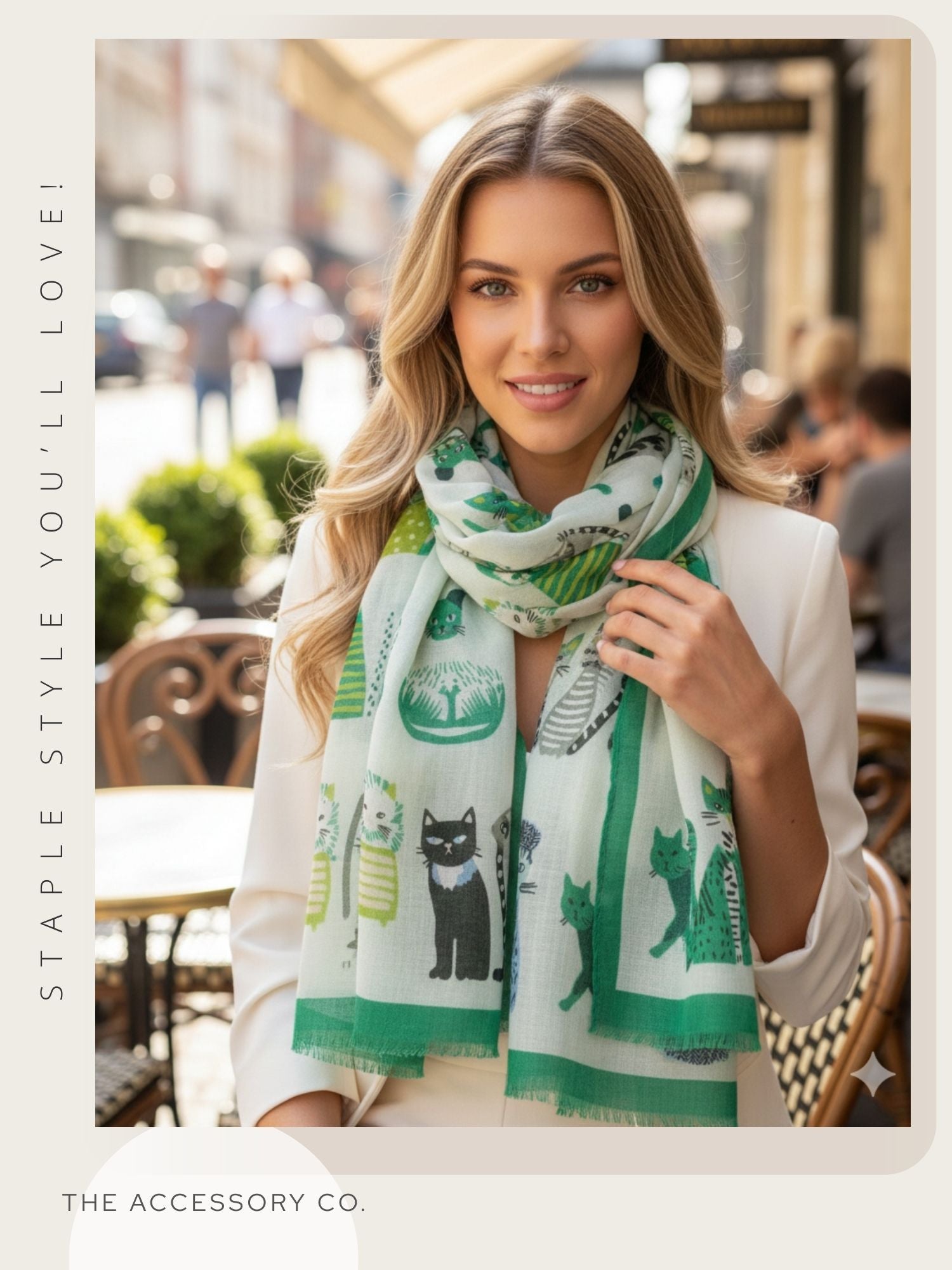 CREAM AND GREEN LIGHTWEIGHT BORDER CAT SCARF