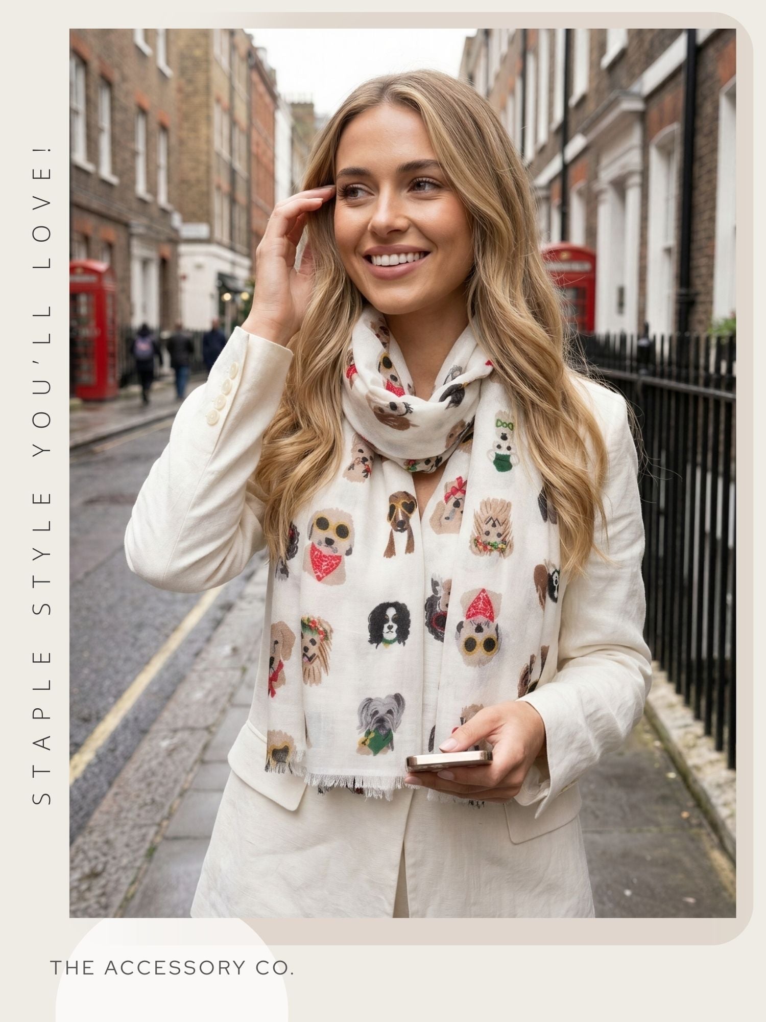 CREAM COTTON BLEND DOG PRINT LIGHTWEIGHT SCARF - A-SHU.CO.UK