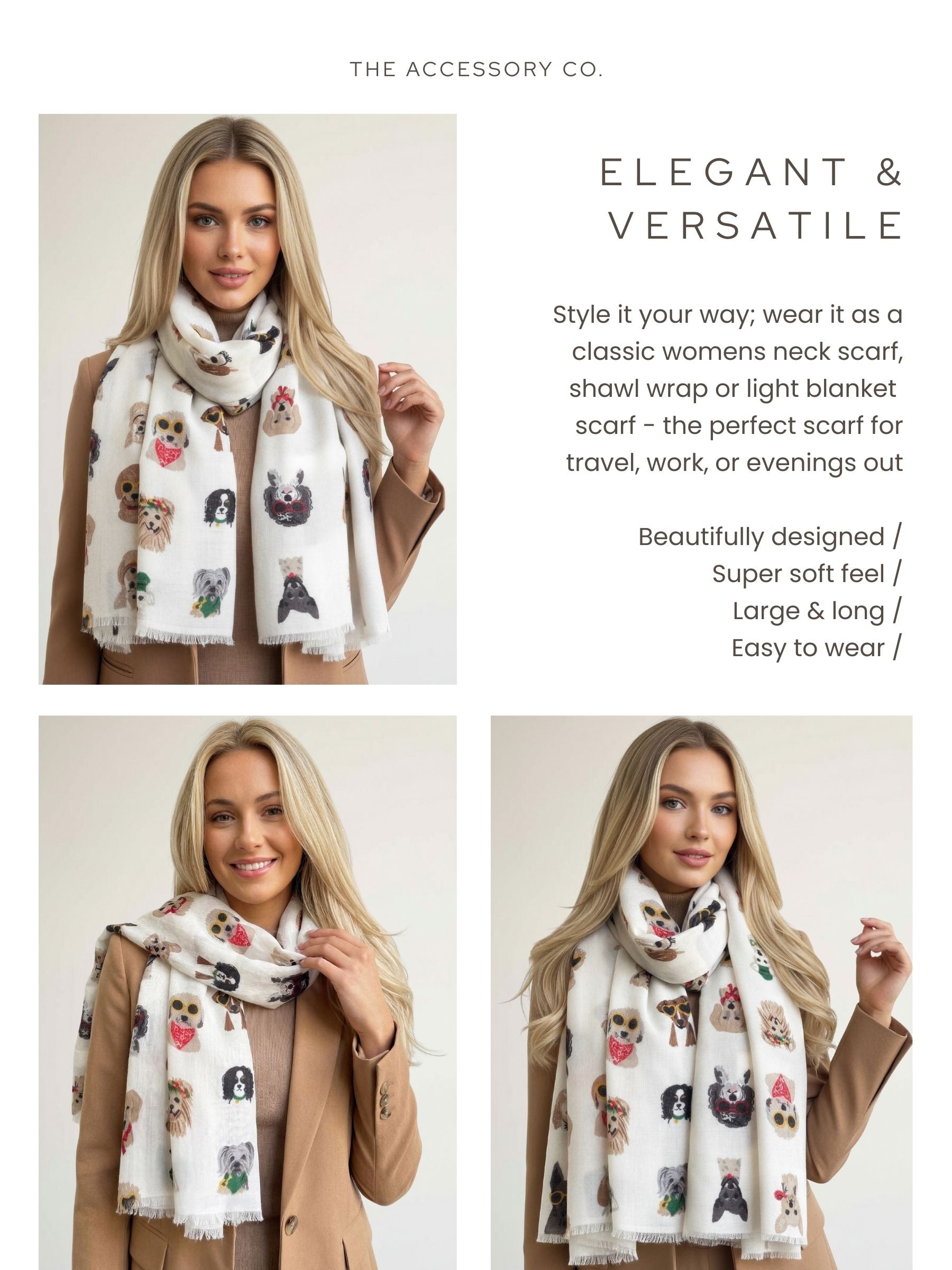 CREAM COTTON BLEND DOG PRINT LIGHTWEIGHT SCARF - A-SHU.CO.UK