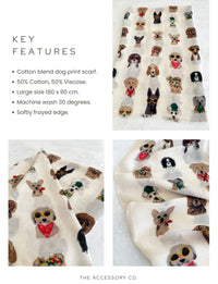 CREAM COTTON BLEND DOG PRINT LIGHTWEIGHT SCARF - A-SHU.CO.UK