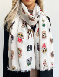CREAM COTTON BLEND DOG PRINT LIGHTWEIGHT SCARF