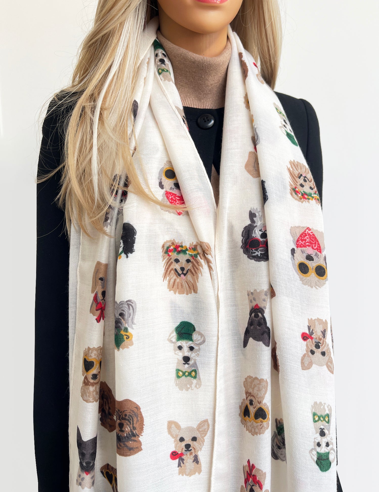 CREAM COTTON BLEND DOG PRINT LIGHTWEIGHT SCARF