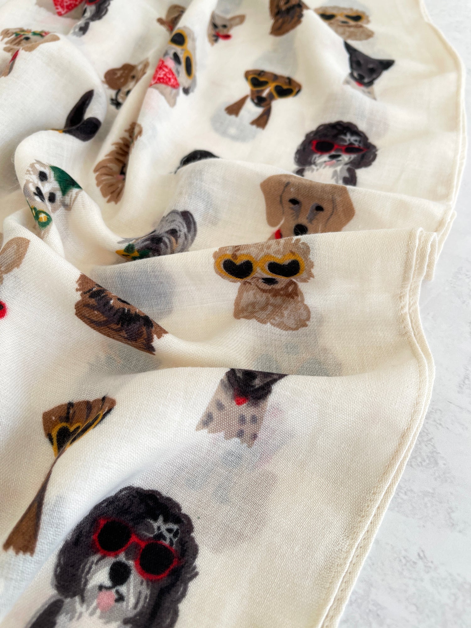 CREAM COTTON BLEND DOG PRINT LIGHTWEIGHT SCARF