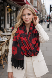 LARGE REVERSIBLE BLACK AND RED POPPY PASHMINA SHAWL SCARF - A-SHU.CO.UK