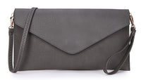 DARK GREY OVER-SIZED ENVELOPE CLUTCH BAG WITH LONG CROSS BODY AND WRISTLET STRAP - A-SHU.CO.UK