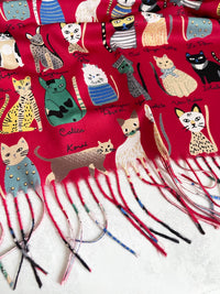 DARK RED CAT PRINT LONG LIGHTWEIGHT SCARF