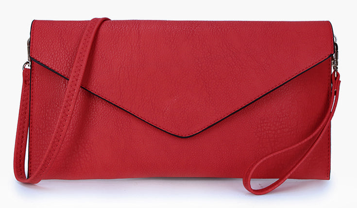 DEEP RED OVER-SIZED ENVELOPE CLUTCH BAG WITH LONG CROSS BODY AND WRISTLET STRAP - A-SHU.CO.UK