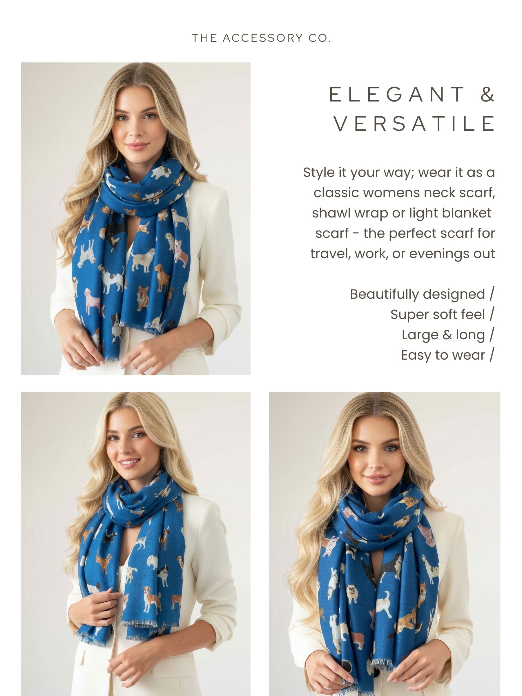 DEEP BLUE COTTON BLEND DOG PRINT LIGHTWEIGHT SCARF - A-SHU.CO.UK