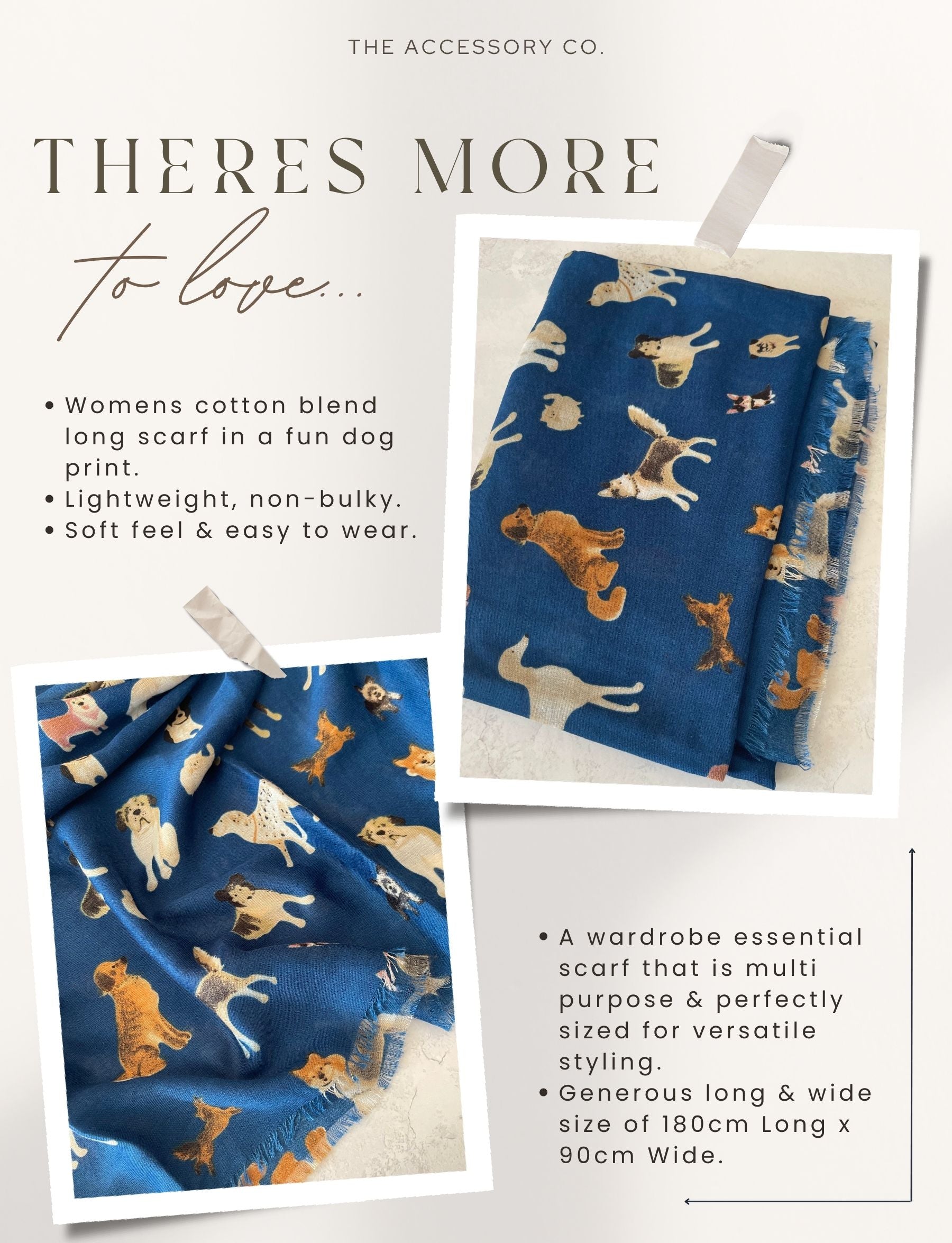 DEEP BLUE COTTON BLEND DOG PRINT LIGHTWEIGHT SCARF - A-SHU.CO.UK