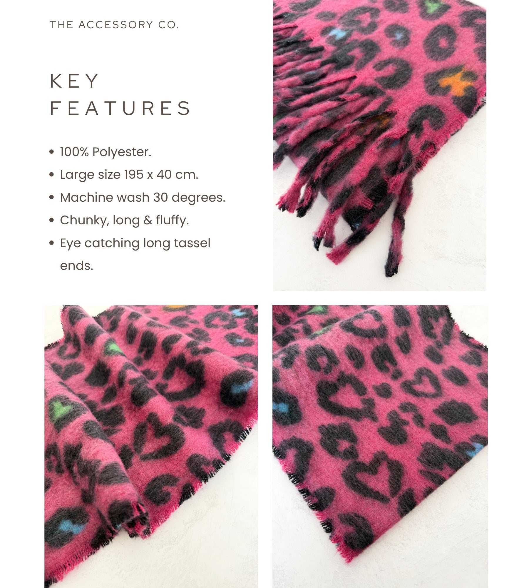 FUCHSIA PINK HEART LEOPARD PRINT OVERSIZED BLANKET SCARF SHAWL WRAP