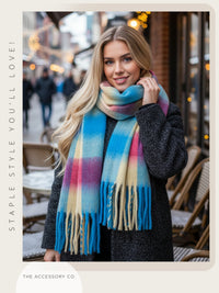FUCHSIA BLUE CHECKED WOOL RAINBOW BLANKET SCARF OVERSIZED WINTER SHAWL WRAP