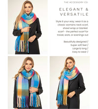 FUCHSIA BLUE CHECKED WOOL RAINBOW BLANKET SCARF OVERSIZED WINTER SHAWL WRAP