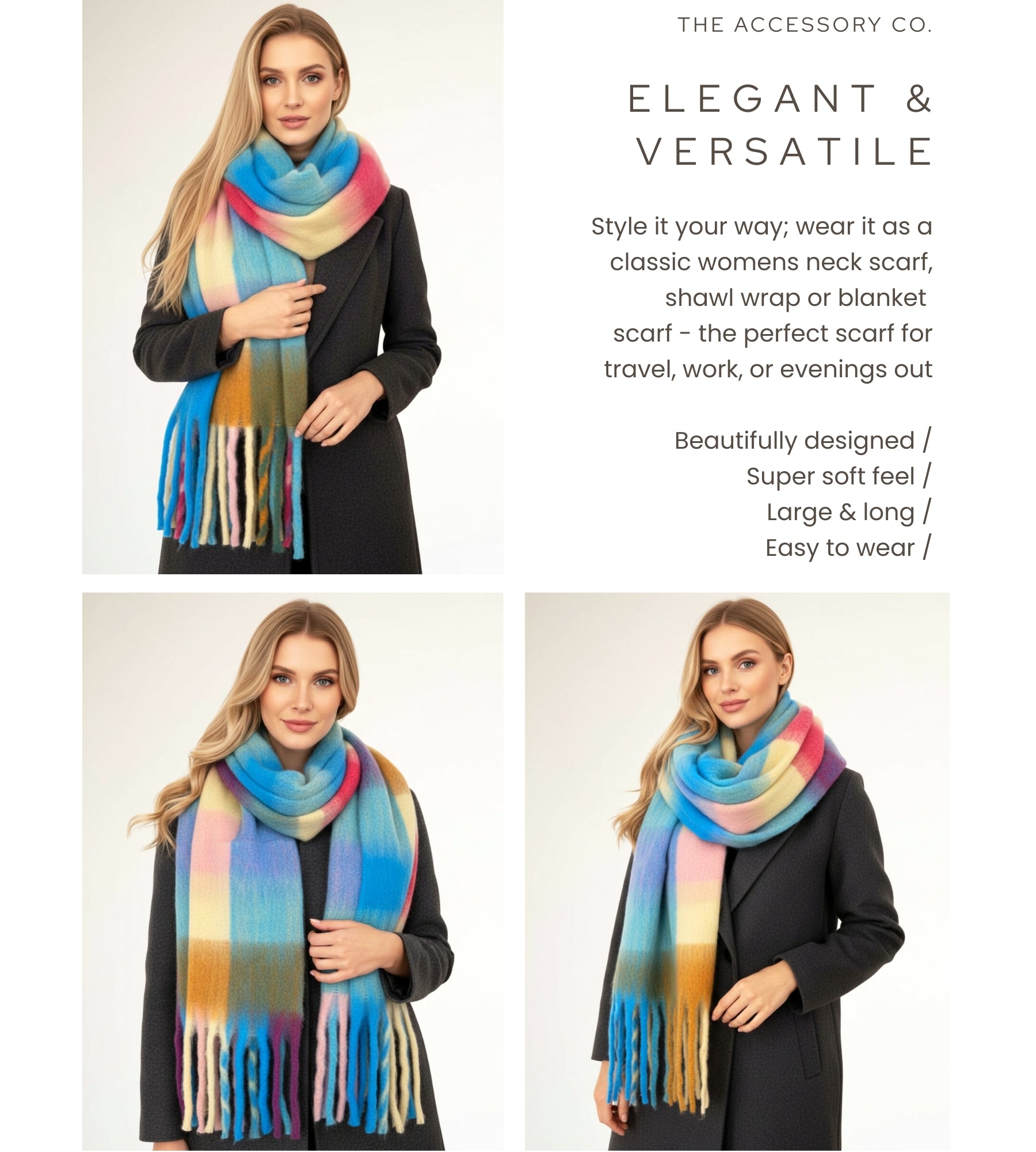 FUCHSIA BLUE CHECKED WOOL RAINBOW BLANKET SCARF OVERSIZED WINTER SHAWL WRAP