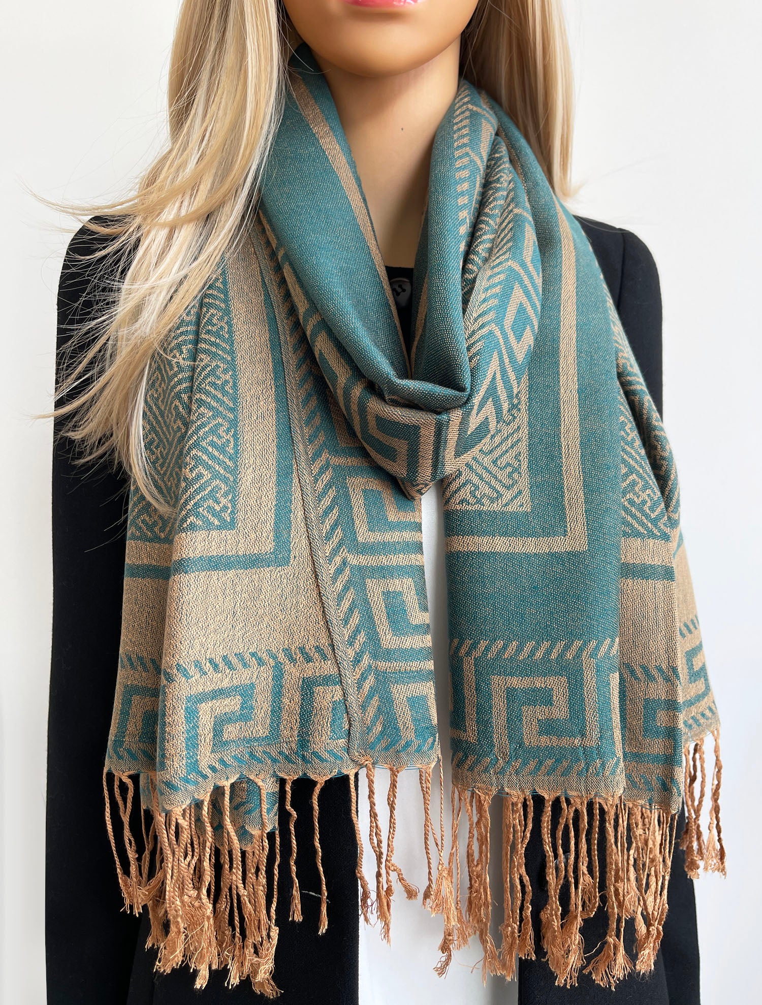 GEOMETRIC TEAL LIGHTWEIGHT PASHMINA SHAWL SCARF