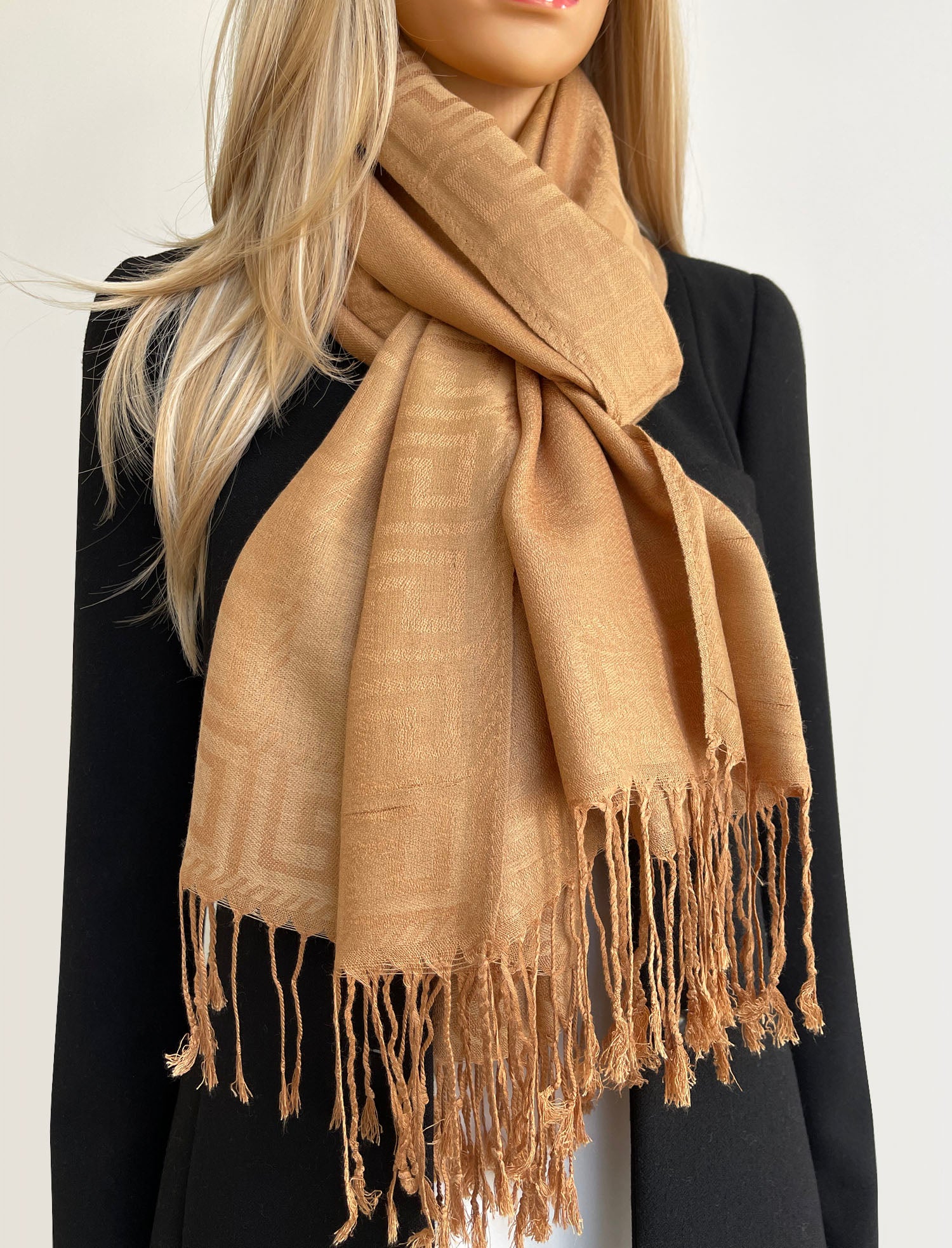 GEOMETRIC GOLDEN BEIGE LIGHTWEIGHT PASHMINA SHAWL SCARF