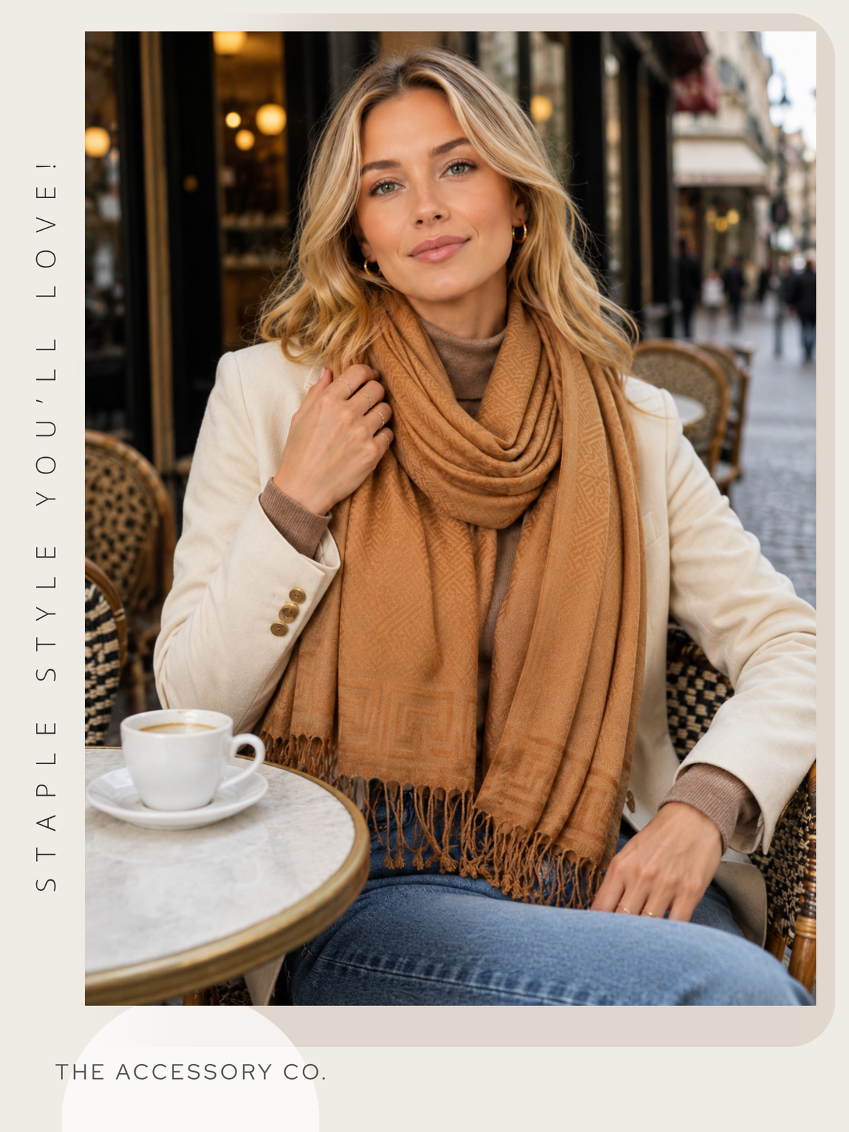 GEOMETRIC GOLDEN BEIGE LIGHTWEIGHT PASHMINA SHAWL SCARF - A-SHU.CO.UK