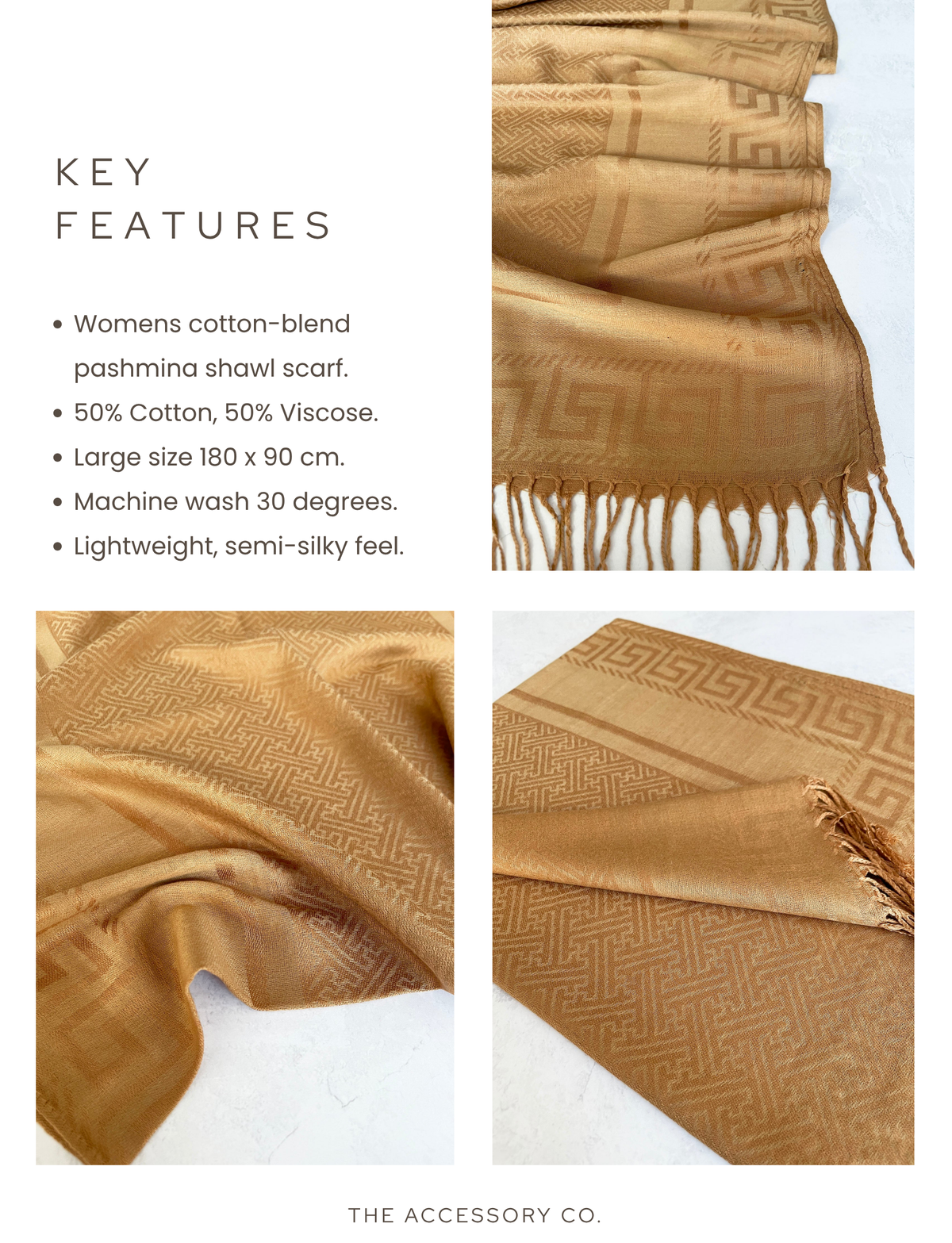 GEOMETRIC GOLDEN BEIGE LIGHTWEIGHT PASHMINA SHAWL SCARF - A-SHU.CO.UK