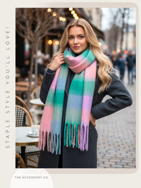 GREEN CHECKED WOOL RAINBOW BLANKET SCARF OVERSIZED WINTER SHAWL WRAP