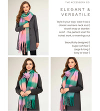 GREEN CHECKED WOOL RAINBOW BLANKET SCARF OVERSIZED WINTER SHAWL WRAP