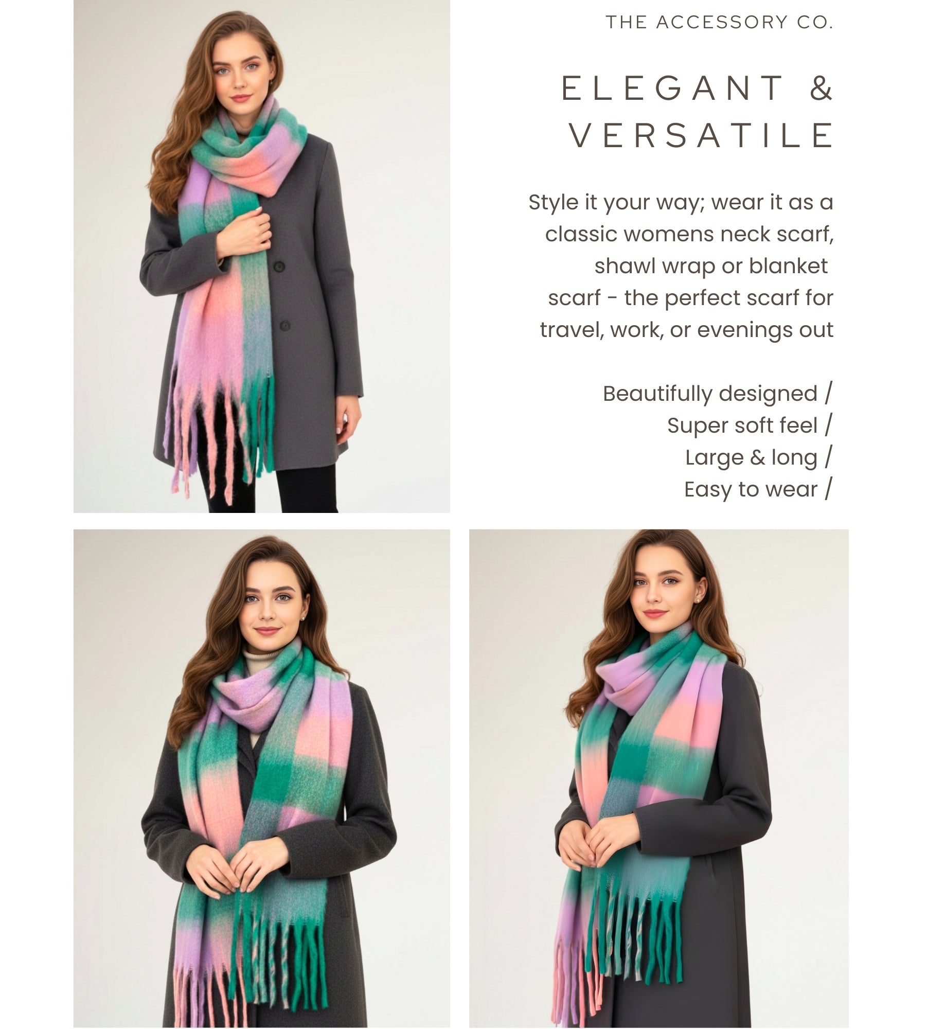 GREEN CHECKED WOOL RAINBOW BLANKET SCARF OVERSIZED WINTER SHAWL WRAP