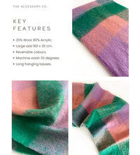 GREEN CHECKED WOOL RAINBOW BLANKET SCARF OVERSIZED WINTER SHAWL WRAP